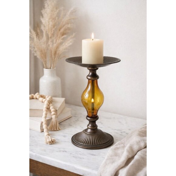 Other - Amber Glass Pedestal Candle Holder Antique Brass Tone Pillar Candlestick Neutral